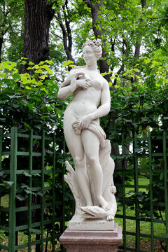 Saint Petersburg, Russia - 13 August, 2020: Allegory of Salacity statue (copy). Unknown sculptor, circa 1722, Italy. Installed on Shkolnaya Alley in the Summer Garden, St. Petersburg