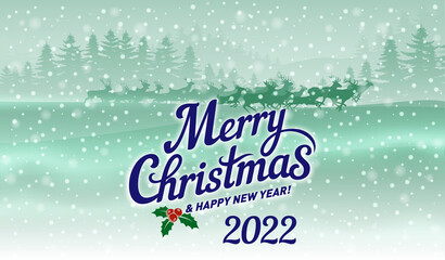 Fototapeta na wymiar Merry Christmas and Happy New Year 2022 Greeting Card, Poster Running Deers Against the Winter Forest