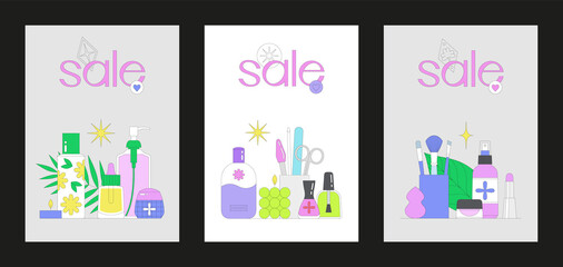 Banner template set with with beauty products. Makeup, manicure and skin care concept. Online shopping. Korean cosmetics. Season sale. Vector illustration. Can be used in web and typographic design.