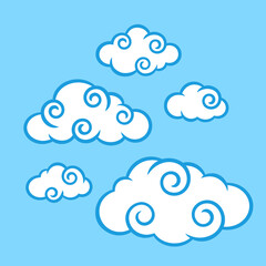 Swirl White Chinese Clouds Isolated on Blue Backdrop. Cute Illustration for Decorating Sky, Weather Forecast, Fabric Print. Sketch Template in Cartoon Outline Style. Kids cartoon style.