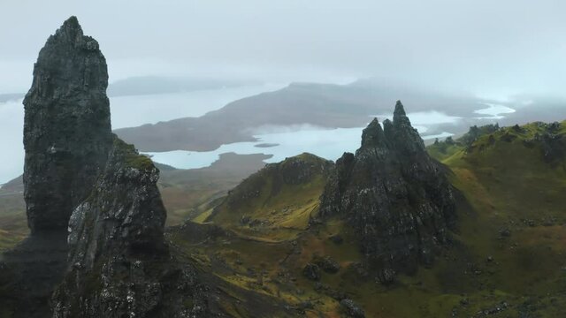 Drone fly over the Old Man of Storr on Scotland&rsquo;s Isle of Skye, Scotland