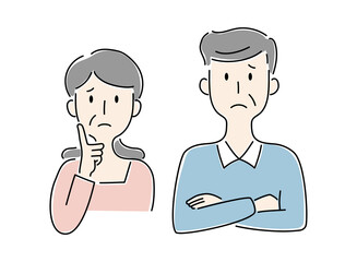 手描き風・悩む高齢の男女のベクターイラスト