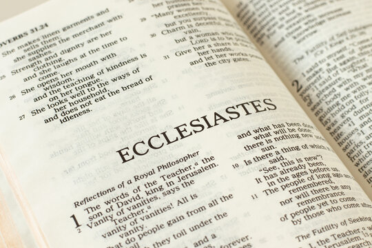 Ecclesiastes Holy Bible Old Testament open Book. Studying the Scriptures. Christian biblical concept.  reading the Word of God Jesus Christ. A close-up.