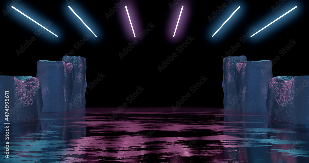 Poster 3d rendering. large blocks of ice are lined up on the sides of the stage with neon lighting in blue 