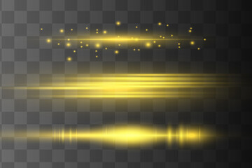 Yellow horizontal lens flares pack. Laser beams, horizontal light rays.Beautiful light flares. Glowing streaks on dark background. Luminous abstract sparkling lined background.