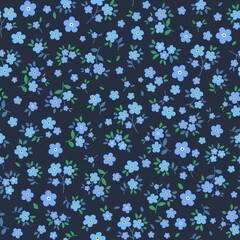 Fototapeta na wymiar Blue small flowers scattered randomly on a dark blue background. Floral vector pattern