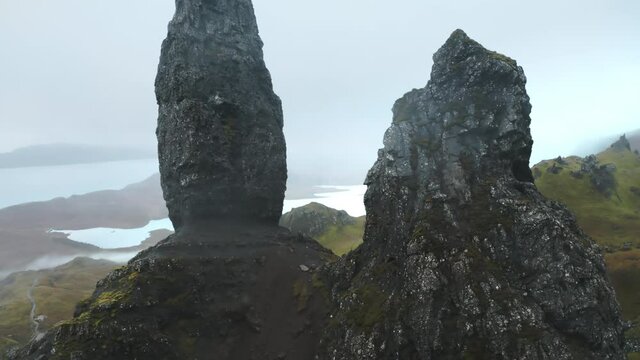 Drone fly over the Old Man of Storr on Scotland&rsquo;s Isle of Skye, Scotland