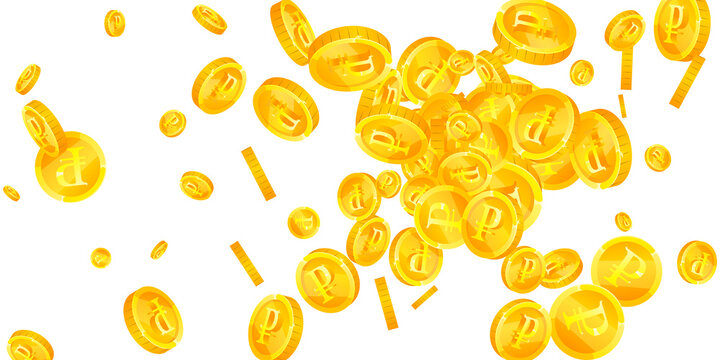 Russian ruble coins falling. Fresh scattered RUB coins. Russia money. Ecstatic jackpot, wealth or success concept. Vector illustration.