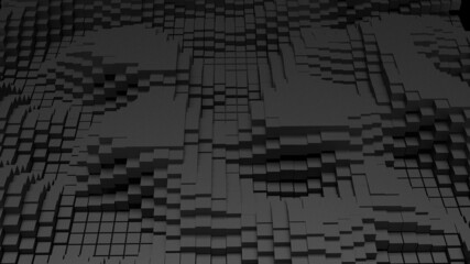 Abstract background with waves made of a lot of black cubes geometry primitive forms that goes up and down under black-white lighting. 3D illustration. 3D CG. High resolution.