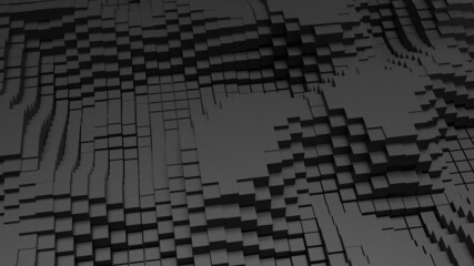 Abstract background with waves made of a lot of black cubes geometry primitive forms that goes up and down under black-white lighting. 3D illustration. 3D CG. High resolution.
