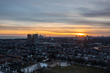 Fototapeta na wymiar downtown Toronto skyline sunset drone view in December with downtown houses and buildings 