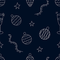 Graphic vector pattern with christmas tree decoration and sparkling wine for printing on fabric, paper for scrap booking, gift wrapping and wallpaper. Cute seamless pattern on the theme of New Year