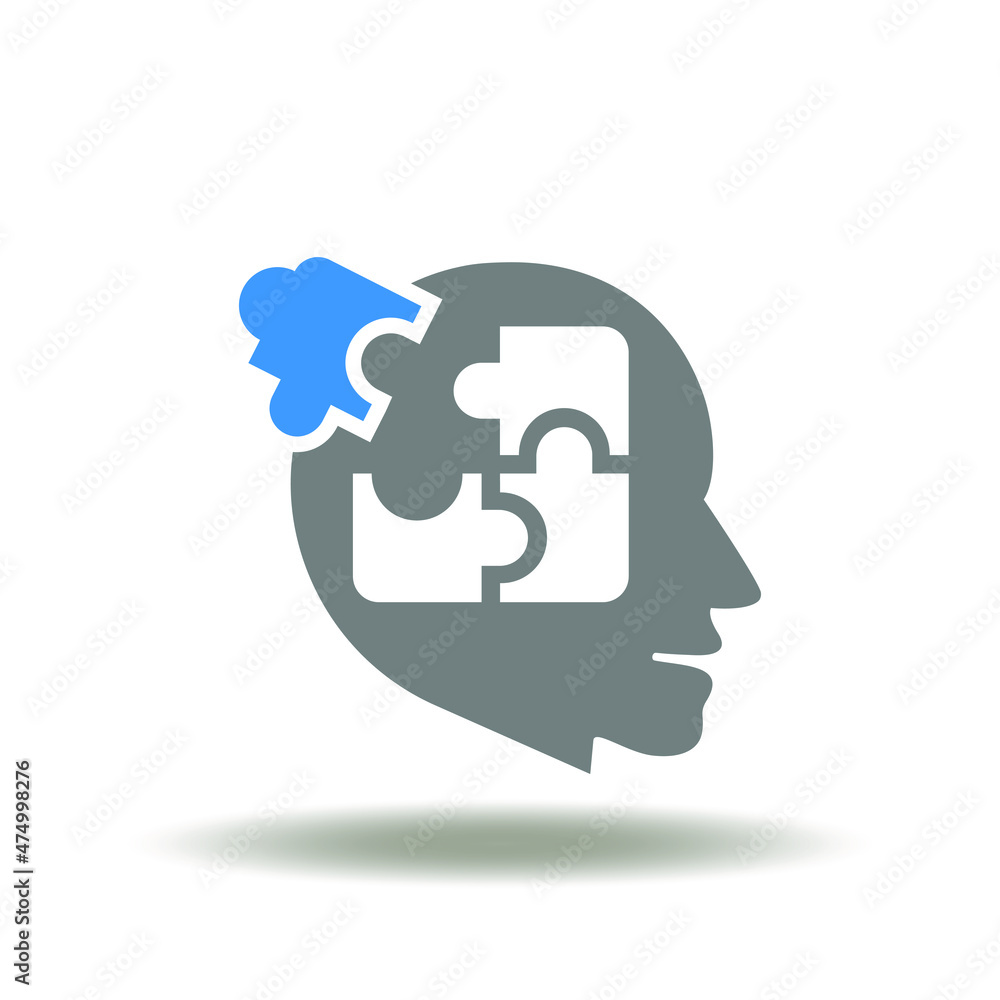 Poster vector illustration of head with puzzle pieces conundrum. icon of think differently. symbol of conun