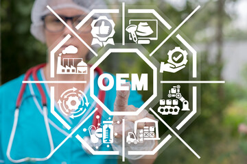OEM Original Equipment Manufacturer Health Medictions Equipment Concept. Pharmacist or doctor using a virtual touch screen clicks a OEM abbreviation. Production and procurement medicinal goods, drugs.
