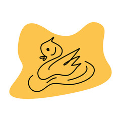 Outline drawing of a swan bird chick against the background of a spot of a trendy yellow shade in a minimalist style in one continuous line. Hand-drawn. Vector graphics. line art.