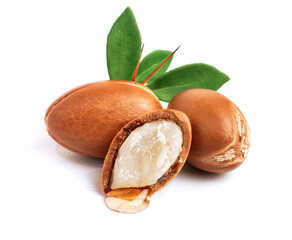  Three argan nuts with green leaves on an isolated white background. Chopped argan nut with a drop of oil. Whole and half Moroccan Argania Spinosa seeds for the production of oil