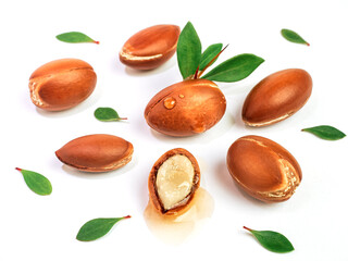 Argan nuts with green leaves on an isolated white background. Chopped argan nut with a drop of oil. Whole and half Moroccan Argania Spinosa seeds for the production of oil