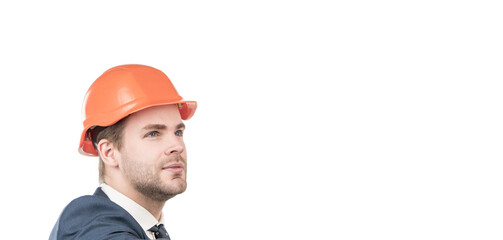 We are made for engineering. Serious engineer portrait. Civil engineer in hardhat. Construction man