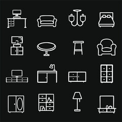 Basic Furniture icon set in thin line style. Furniture line icon set. Cushioned furniture linear icons. Home furniture flat outline vector signs and symbols collection.