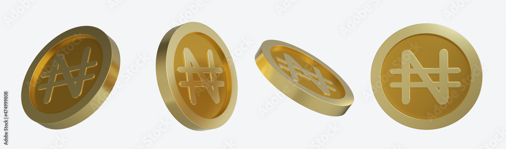 Poster 3d rendering of nigerian naira coin concept in different angles. naira sign design isolated on white