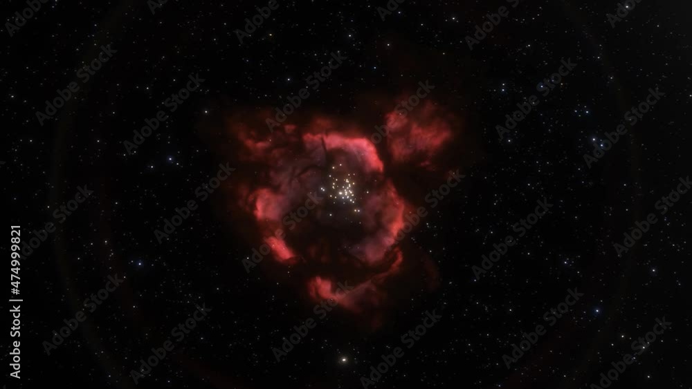 Wall mural spaceship travelling at the speed of light through a red nebula in space. 3d animation