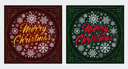 Red and Gold Snow Merry Christmas Circular Banner. Green and Red Snow Merry Christmas Banner. Christmas Circular Cards. Ornamental Festive Card