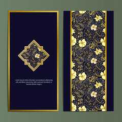 Luxury line art floral blue batik gold card template