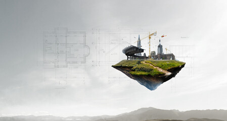 Construction industry concept with drafts and plans . Mixed media