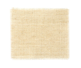 Piece of natural burlap fabric on white background, top view