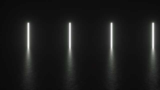 Futuristic corridor with 3d render lighting made of flickering electric tubes with reflection. Digital demarcation line for competition and abstract construction presentation.