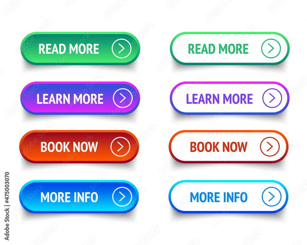Poster web buttons set. read learn more book now and more info. vector eps 10