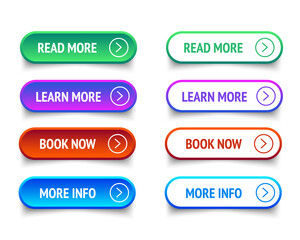 Web Buttons set. Read Learn more Book now and More Info. Vector EPS 10