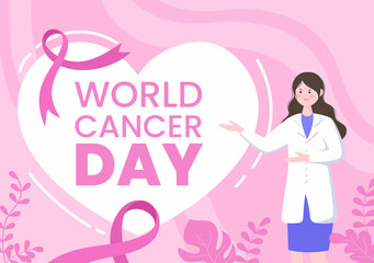 World Cancer Day with Ribbon Flat Vector Illustration. Inform the Public About Disease Awareness on February 4th Through Campaign Background or Poster