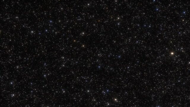 Flying through the stars in space. Galaxy exploration through outer space towards glowing milky way galaxy.