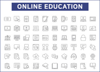 Set of online education and e-learning line style. It contains such as e-book, lessons, webinar, video, teaching, training, mobile, tutorial, computer and other elements.