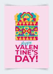 Valentine's day poster with creative stylized cake made from hearts. Colourfull modern background.  Flyer, banner, coupon, invitation