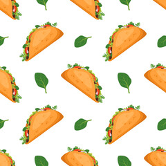 Seamless pattern with Mexican traditional taco food and green spinach. Fast food print for restaurant, cafe and design on white background. Vector flat illustration