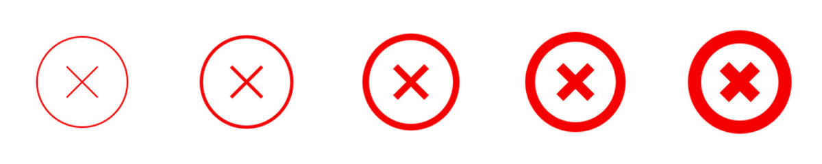Conjunto de icono de x. Signo de x rojo. Concepto de mal, error o negativo. Verificaci&oacute;n x en c&iacute;rculo de diferente grosor. Ilustraci&oacute;n vectorial