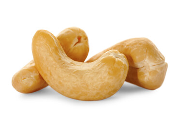 Pile of tasty organic cashew nuts isolated on white