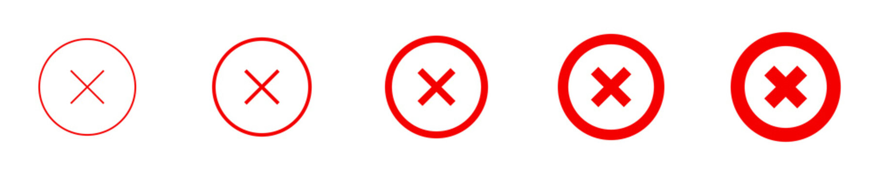 Conjunto de icono de x. Signo de x rojo. Concepto de mal, error o negativo. Verificaci&oacute;n x en c&iacute;rculo de diferente grosor. Ilustraci&oacute;n vectorial