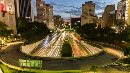 Sao Paulo, Brazil December 12 2021. Traffic Jam in entrance of Anhangabau Tunnel and 23 de Maio Avenue in downtown Sao Paulo, Brazil.