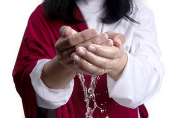 Jesus Christ with open palm giving hold the water