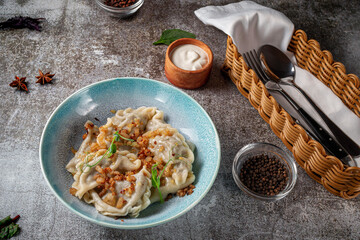 Meat dumplings with spices on a plate with greens against the background of a gray stone table