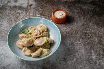 Meat dumplings with spices on a plate with greens against the background of a gray stone table