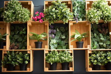 Fototapeta na wymiar A view of a wooden wall mount design filled with an array of plastic indoor plants.