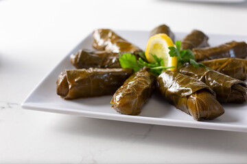 A view of a plate of stuffed grape leaves.