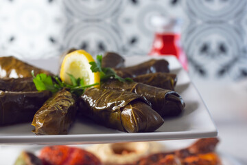 A view of a plate of stuffed grape leaves.