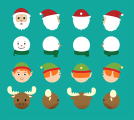3D Ball Head Christmas Characters Set Santa Elf Reindeer Snow Man Rotation Cartoon Vector Illustration