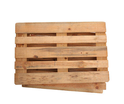 Stacked wooden pallets isolated on white, top view. Transportation and storage