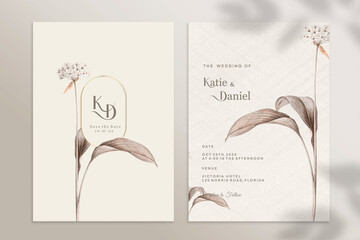 Double Sided Floral Wedding Invitation Template with Brown Flower